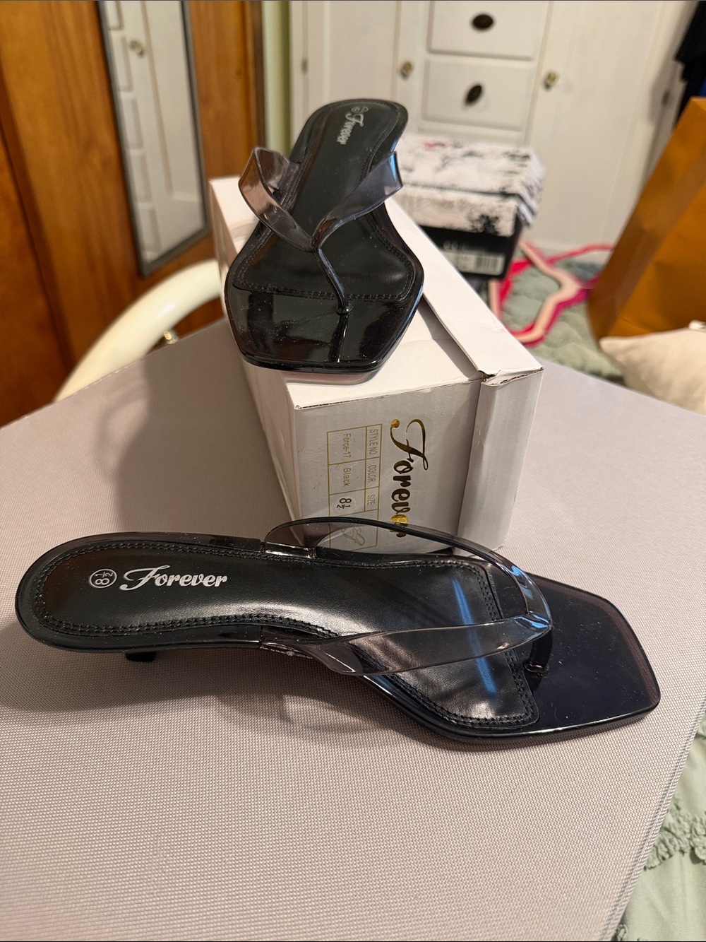 Forever Clear-Strap Black Square-Toe Kitten Heels